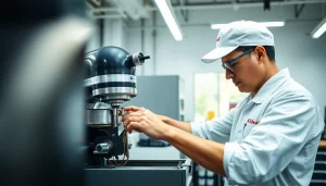 Expert performing kitchenaid appliance repair ottawa in a professional workshop setting.