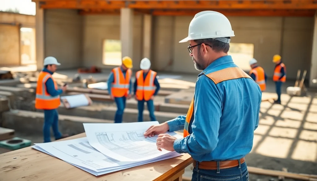 New Jersey General Contractor reviewing blueprints at a construction site with active workers.