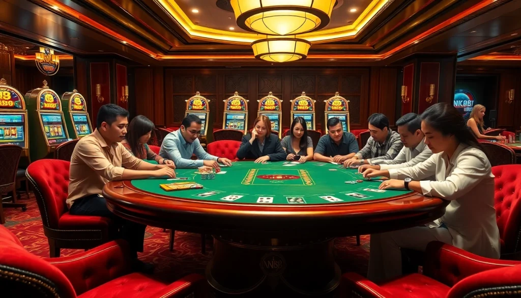 Players engaging at an NK88-themed poker table amidst a luxury casino atmosphere.