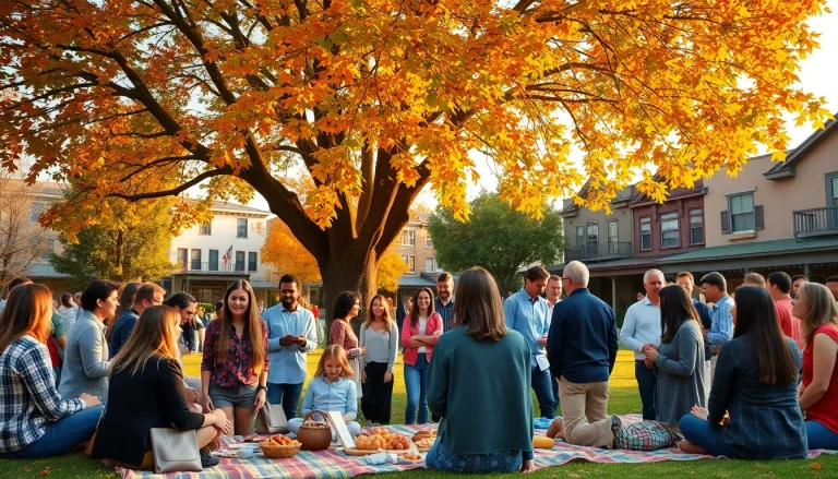 Engaged community in Clarksburg, CA, enjoying a vibrant gathering under autumn trees.