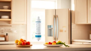 Waterdrop 5231JA2002A Refrigerator Water Filter showcased in a modern kitchen, highlighting its sleek design and branding.