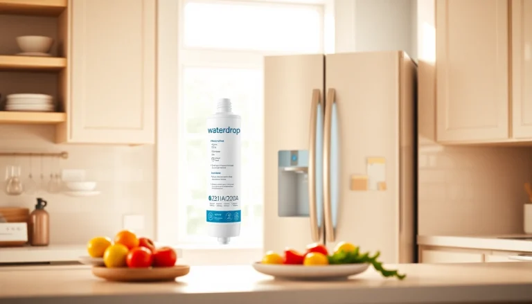 Waterdrop 5231JA2002A Refrigerator Water Filter showcased in a modern kitchen, highlighting its sleek design and branding.