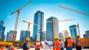 Austin construction scene showcasing a diverse team planning a project amidst active construction.