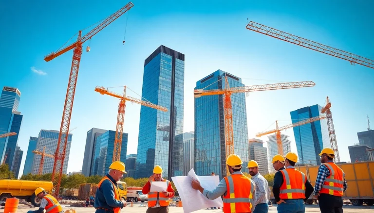 Austin construction scene showcasing a diverse team planning a project amidst active construction.