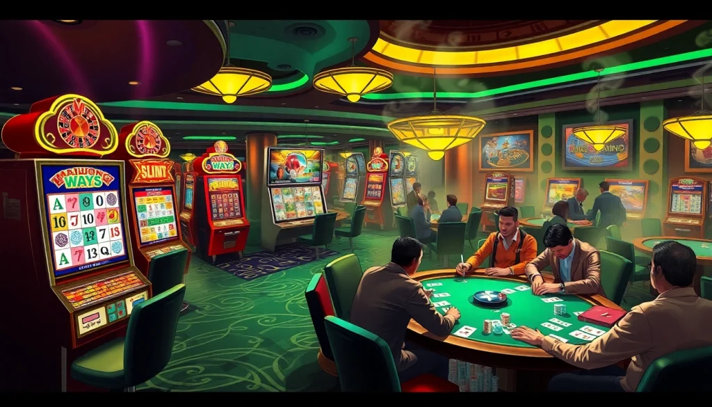 Players enjoy Mahjong Ways 2 at a lively casino, showcasing slot machines and poker tables surrounded by excitement.