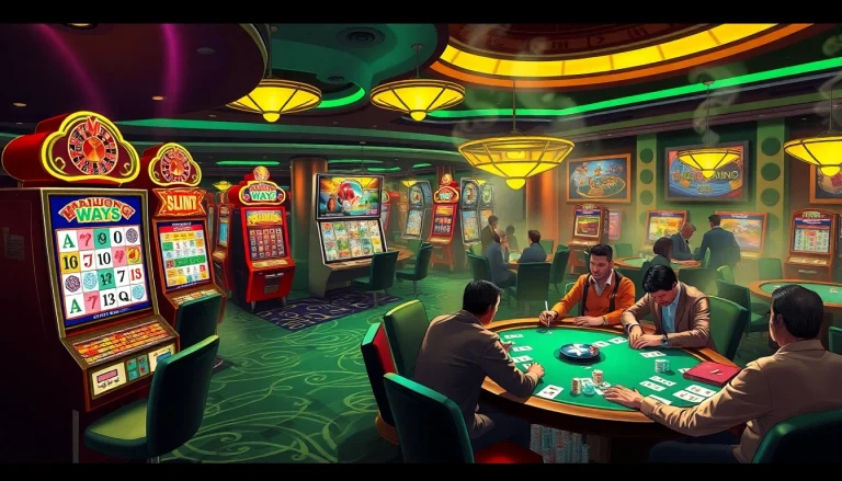 Players enjoy Mahjong Ways 2 at a lively casino, showcasing slot machines and poker tables surrounded by excitement.