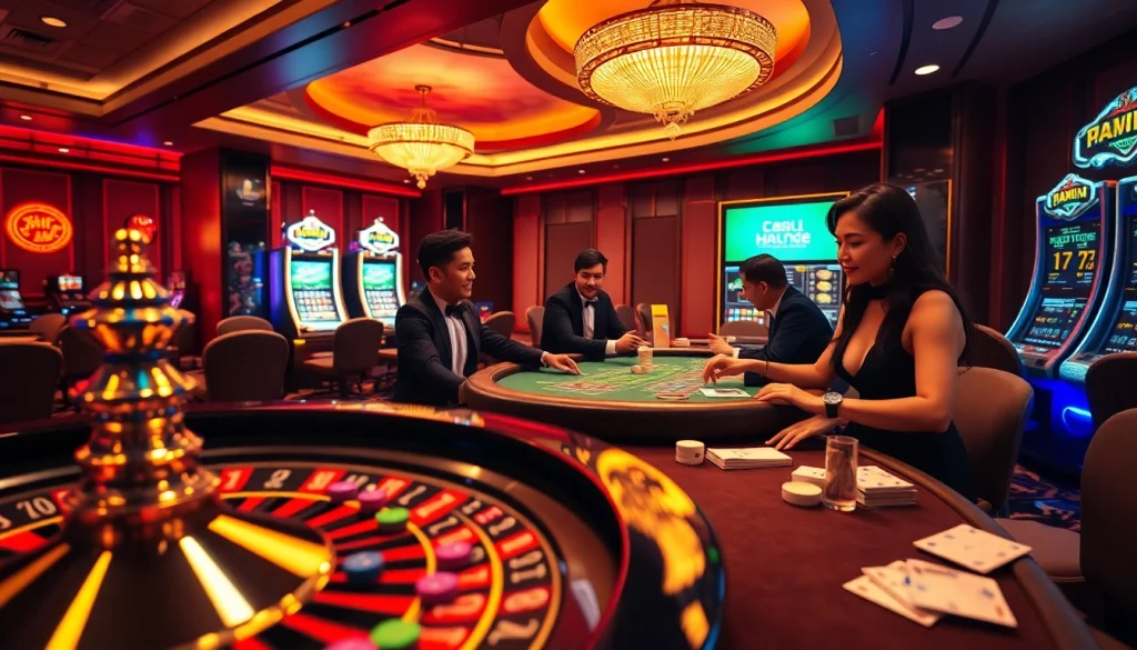 Experience the excitement of Trang game Haywin in a vibrant casino scene with players, roulette wheels, and slot machines.
