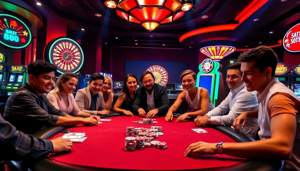 Players experiencing the excitement of poker at XX88 casino, showcasing vibrant casino elements.