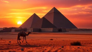 View of the ancient piraminds against a colorful sunset sky with a camel in the foreground.