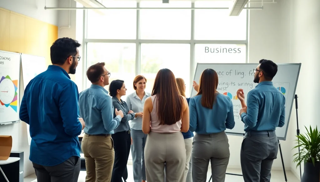 Engaged team collaborating during a business coaching service workshop in a modern office.
