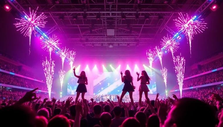 Blackpink news showcases the girl group performing live with vibrant lights and energetic crowd.