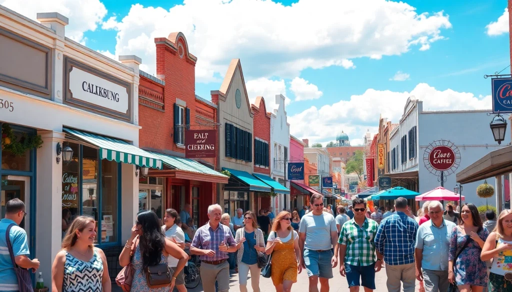 Clarksburg street scene bustling with people enjoying local shops and food.
