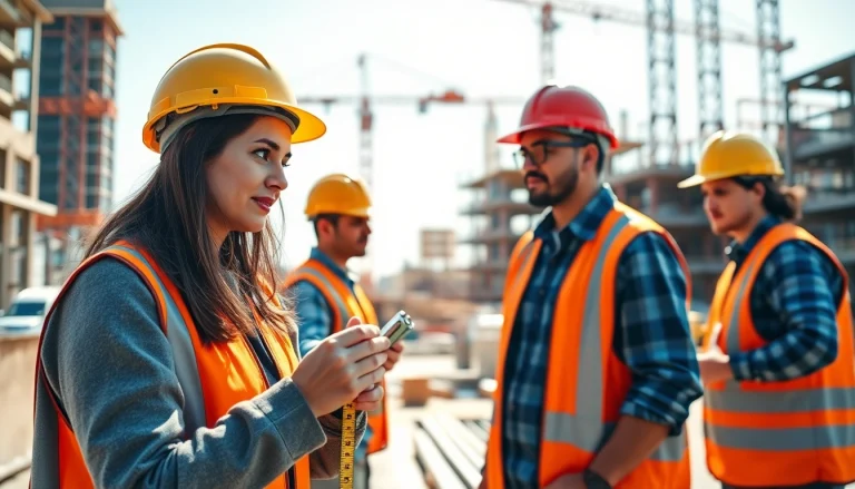 Engaged professionals in careers in construction measuring and collaborating at an active job site.