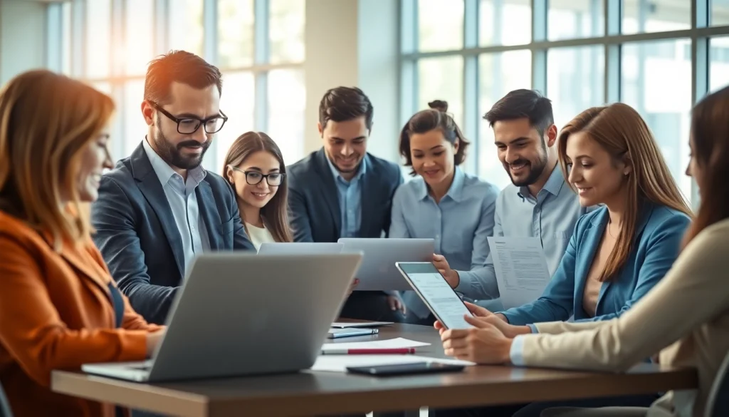 E-filing process showcasing a diverse team collaborating on tax documents in a modern office.