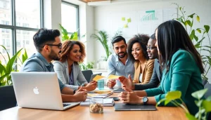 Showcasing business growth insights through collaborative brainstorming in a modern office.