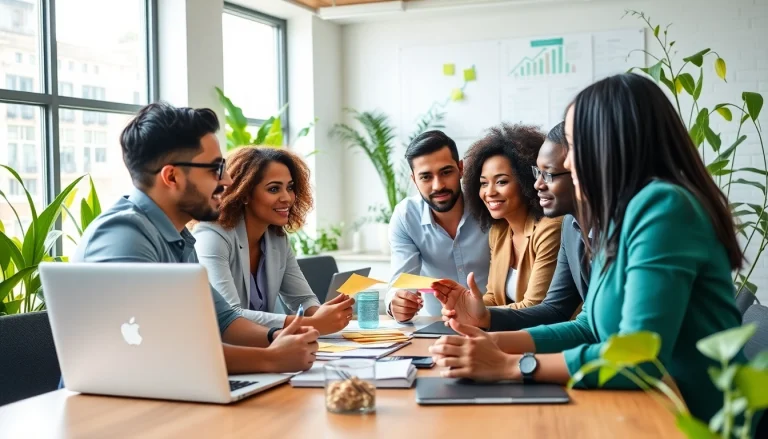 Showcasing business growth insights through collaborative brainstorming in a modern office.