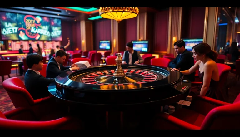 SBOBet players engaged in live betting at an exciting roulette table in a luxury casino.