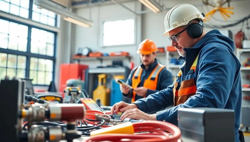 Electrician trade school Colorado training environment with students working with tools.