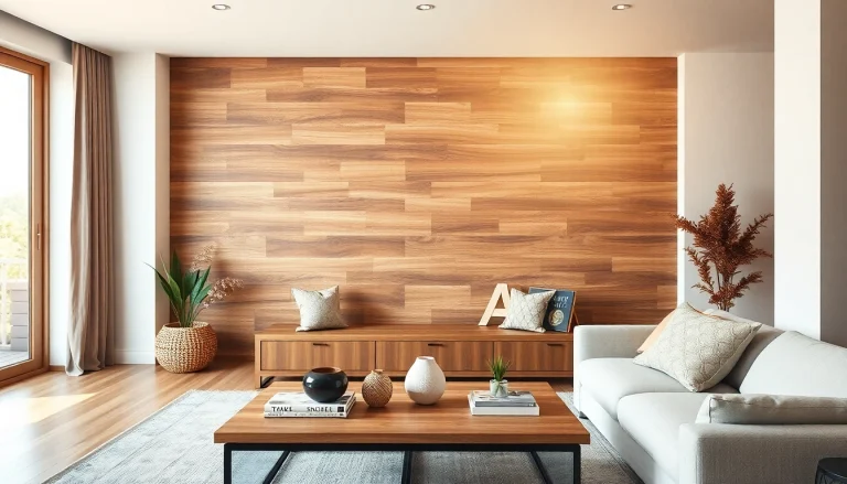 Beautiful living room with wall planks creating a cozy atmosphere.