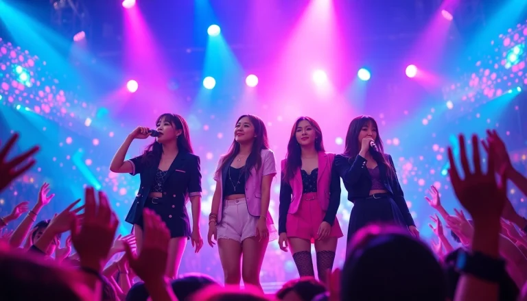 Engaging BLACKPINK news concert scene with vibrant lights and dynamic performance.