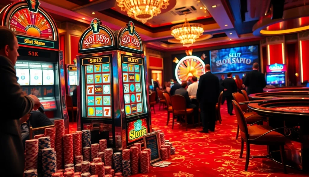 Pemain yang bersemangat menikmati Slot Depo 5k di kasino mewah, dikelilingi chip poker dan slip taruhan yang menyala.
