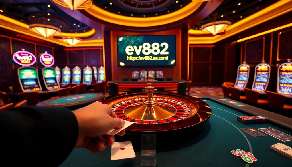 Betting at an exciting casino featuring https://ev882.sa.com/ with vibrant roulette and colorful poker tables.