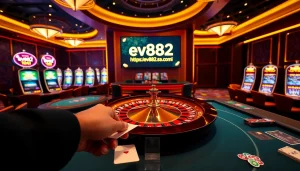 Betting at an exciting casino featuring https://ev882.sa.com/ with vibrant roulette and colorful poker tables.