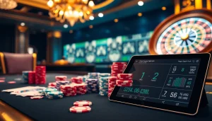Experience thrilling gambling action at https://ok88.tech/ with vibrant casino tables and colorful chips.