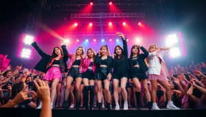 Capture BLACKPINK news showcasing the group performing energetically at a live concert, amidst cheering fans.