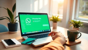 在现代工作空间的笔记本电脑上使用 WhatsApp Web 的用户，强调连通性与沟通。