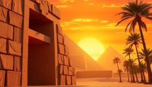 Explore captivating ancient piraminds standing majestically against a vibrant sunset backdrop.