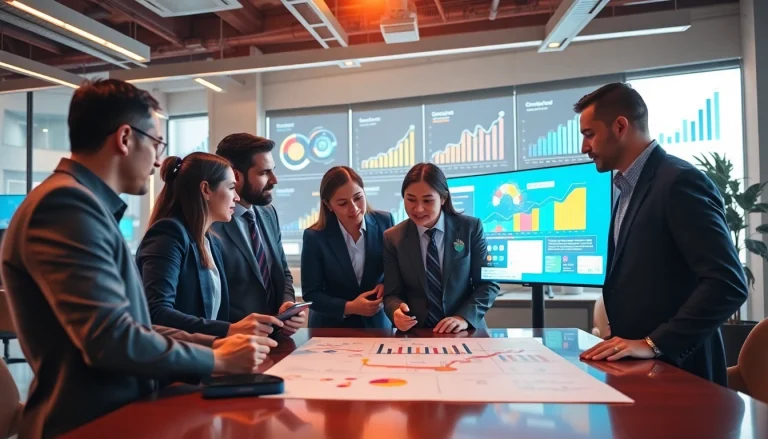 Showcase growth strategy trends through a professional team collaborating in a digital workspace.