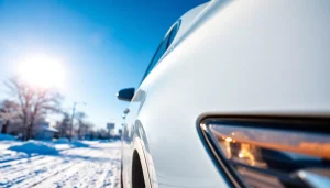PPF winter road salt protection on a glossy car under a snowy scene, ensuring paint preservation.