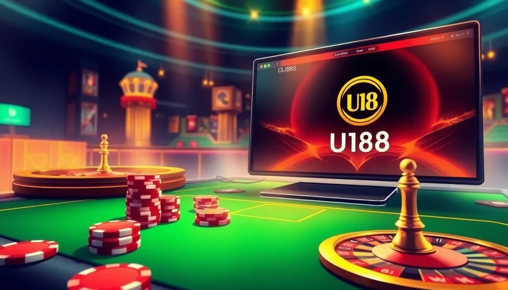 Experience the thrill of UU88 with vibrant casino elements like poker chips and roulette wheels.