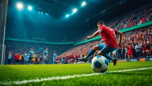 ผลบอลบ้าน นักฟุตบอลยิงประตูในสนามที่เต็มไปด้วยแฟนบอลที่สนุกสนาน
