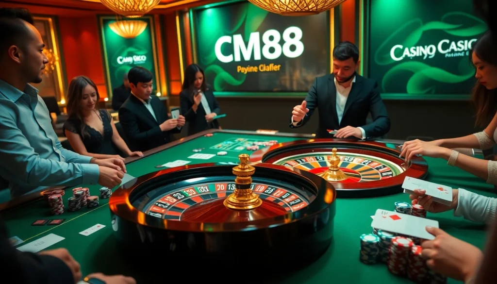 Experience the thrill of CM88 as players enjoy high-stakes poker at a luxurious casino table.