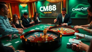 Experience the thrill of CM88 as players enjoy high-stakes poker at a luxurious casino table.