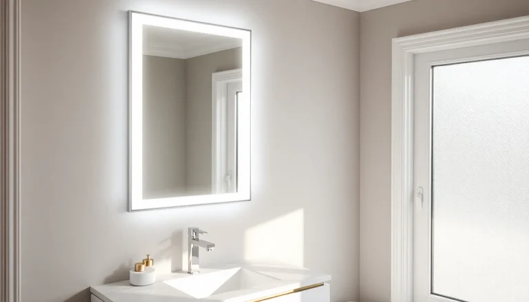 Illuminated bathroom mirror with led light enhancing a modern bathroom's ambiance.