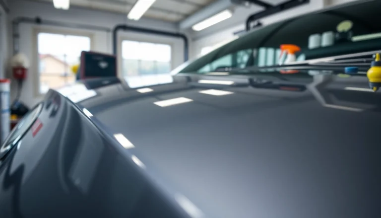 Ceramic coating Chattanooga enhancing a car's shine in a bright detailing garage.