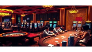 Engaging players strategizing in a luxurious casino scene at hay.win with vibrant gaming elements.