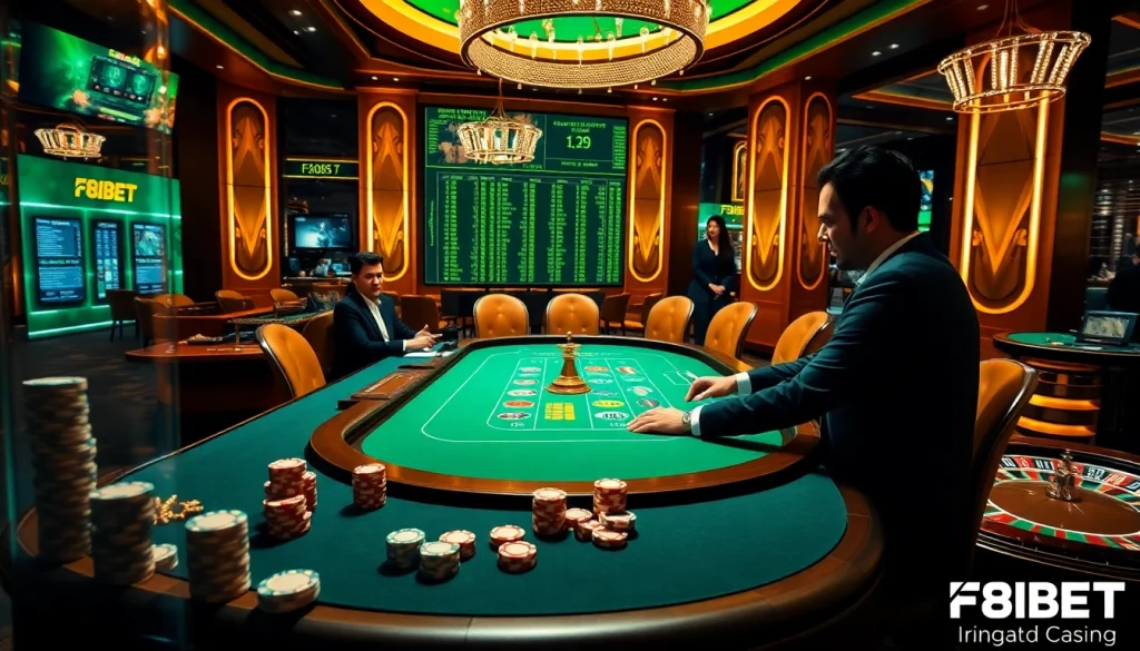 Experience F8BET's thrilling casino atmosphere with players placing bets at a luxurious gaming table.