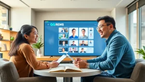 学生と講師を含む、QQイングリッシュ REMS メソッドを用いたオンライン英語学習の活気ある場面。