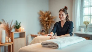 차분한 가정 환경에서 전문 출장마사지 치료사가 편안한 경험을 제공하는 모습