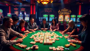 Ikuti permainan Mahjong Ways 2 di meja kasino mewah penuh ubin mahjong dan chip berwarna-warni.