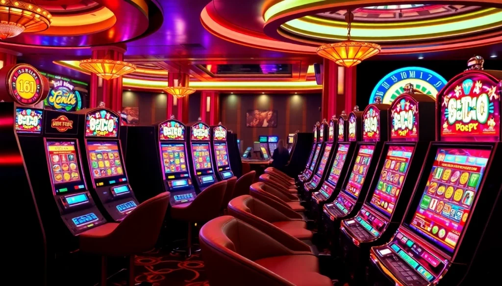 Engage with slot depo 5k offers in this vibrant casino scene with excited players at slot machines.