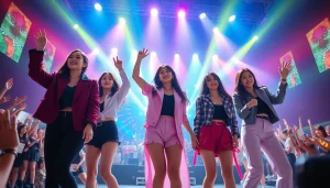 Blackpink news highlights an energetic performance by the group in a vibrant concert atmosphere.