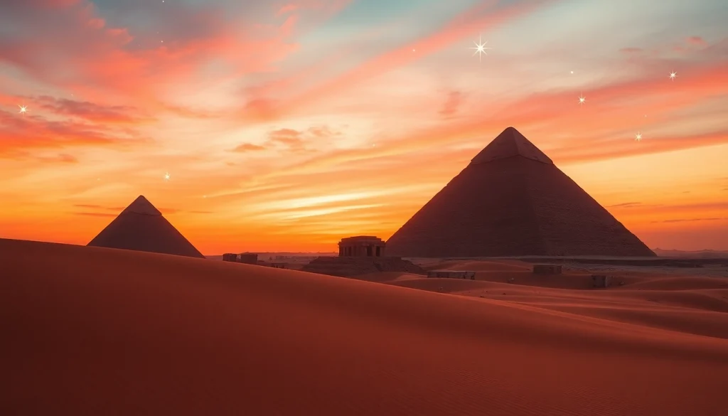 Pyramids silhouetted against a colorful sunset, showcasing the majestic piraminds