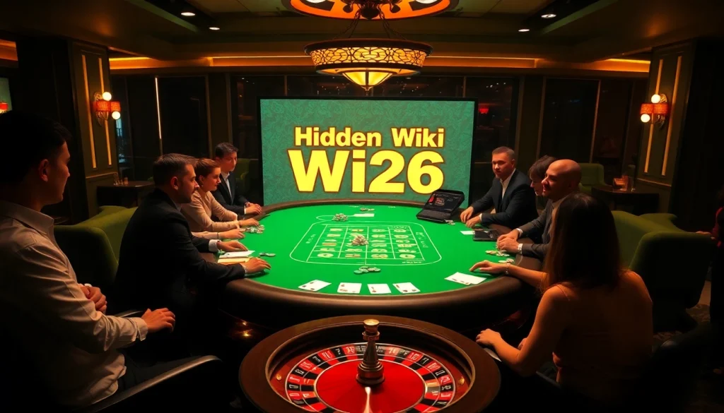 Engaged players enjoy a game at a vibrant poker table with Hidden Wiki 2026 displayed digitally, showcasing the thrill of gambling.