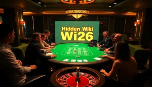Engaged players enjoy a game at a vibrant poker table with Hidden Wiki 2026 displayed digitally, showcasing the thrill of gambling.