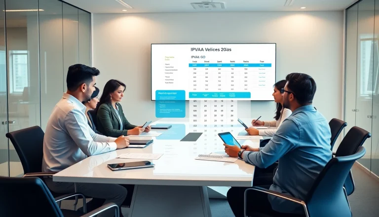 Engaged professionals discussing the IPVA GO 2026 payment options in a modern office.